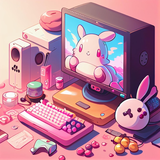 Kawaii gamer set videoconsole gaming pc computer game controller illustratie