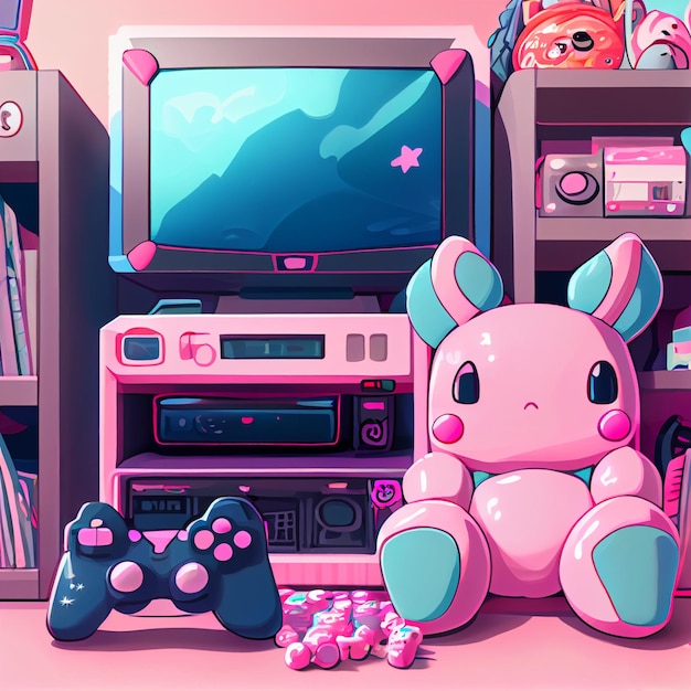 かわいいゲーマー セット ビデオ コンソール ゲーム pc コンピューター ゲーム コントローラー イラスト