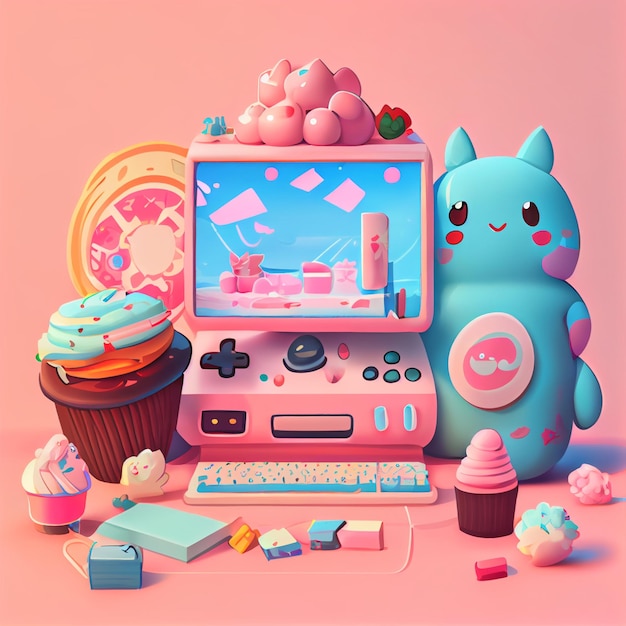 Kawaii gamer set videoconsole gaming pc computer game controller illustration