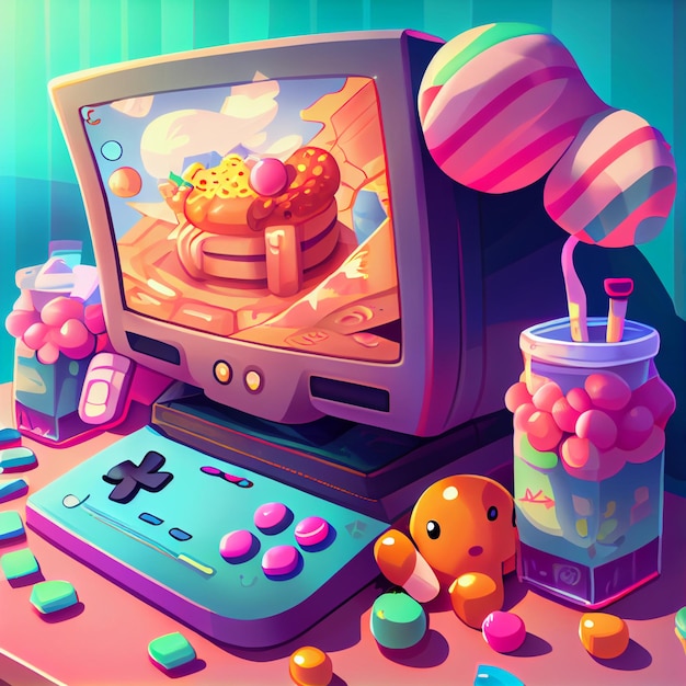 Kawaii gamer set videoconsole gaming pc computer game controller illustration