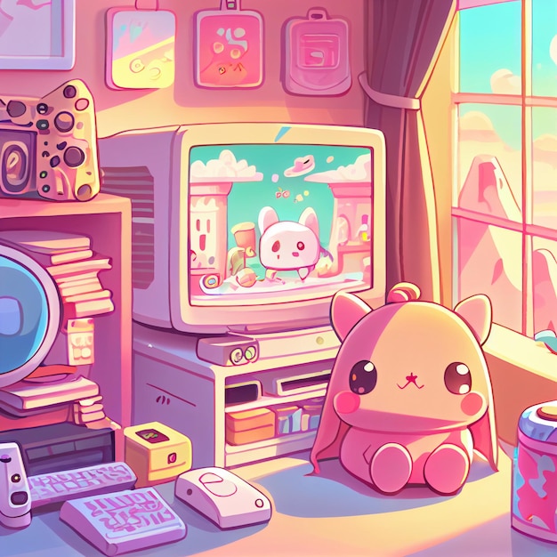 Kawaii gamer set videoconsole gaming pc computer game\
controller illustration