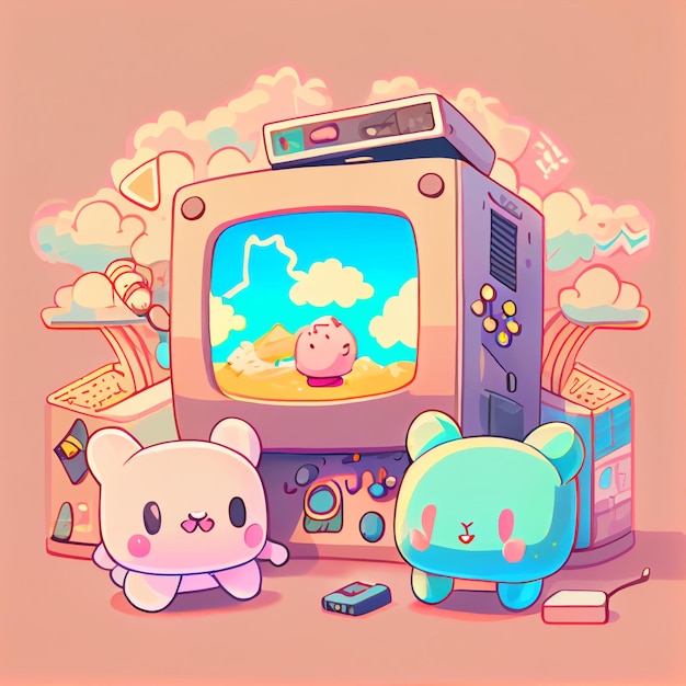 Kawaii gamer set videoconsole gaming pc computer game controller illustration