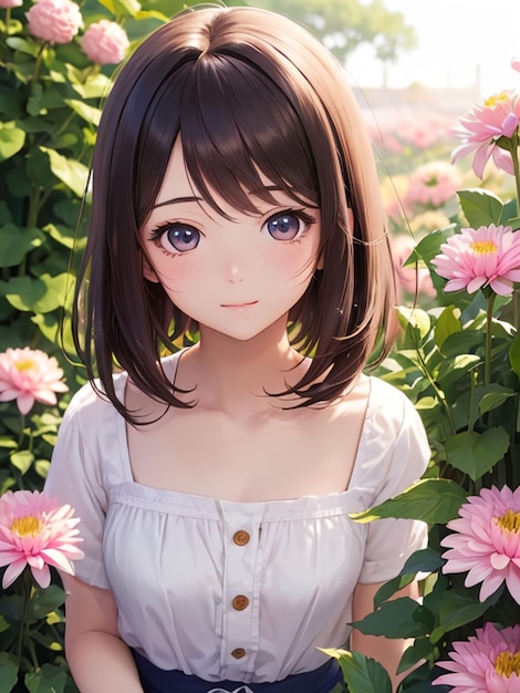 Kawaii girl anime and dahlia flower garden