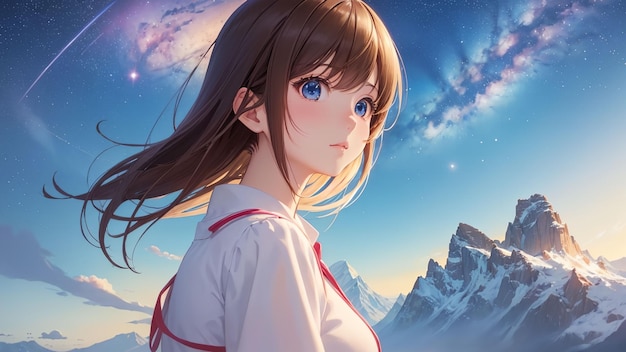 Kawaii girl and beautiful landscape for anime wallpaper