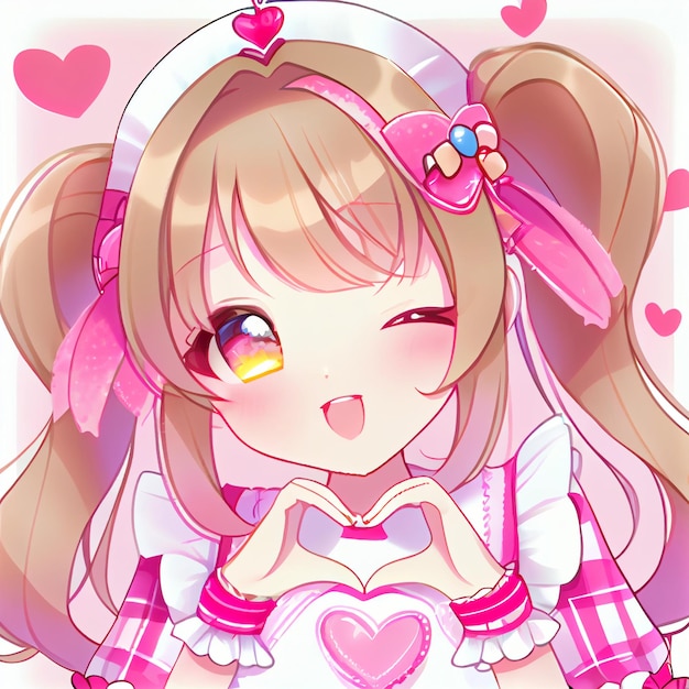 Kawaii girl doing heart gesture with hands anime illustration