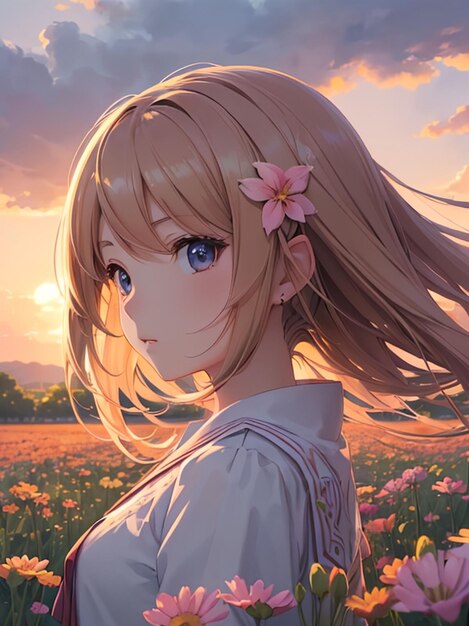 Kawaii girl in flower field anime art for mobile wallpaper