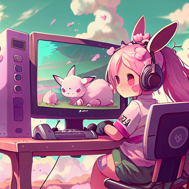 Kawaii girl playing video games cute gamer kid illustration