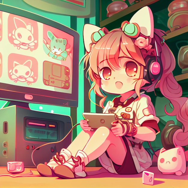 Kawaii girl playing video games cute gamer kid illustration