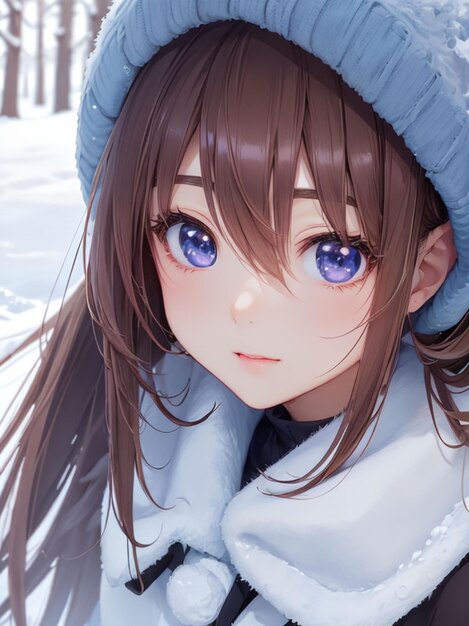 Kawaii girl in winter anime art for mobile wallpaper