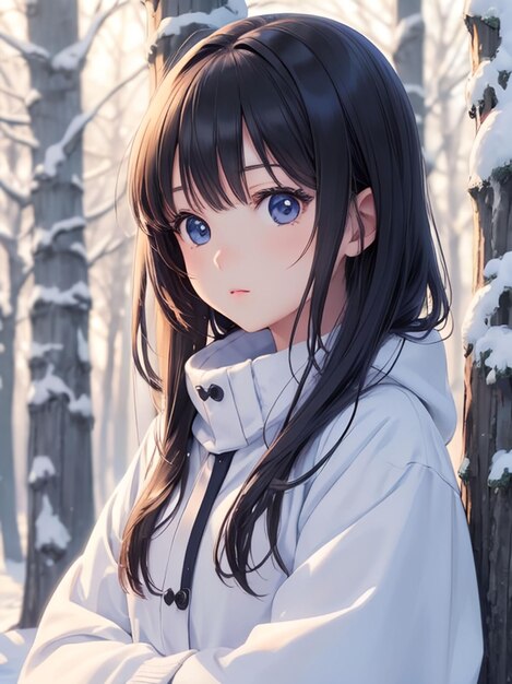 Kawaii girl in winter anime art for mobile wallpaper