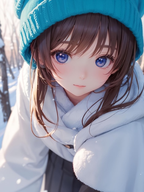 Kawaii girl in winter anime art for mobile wallpaper