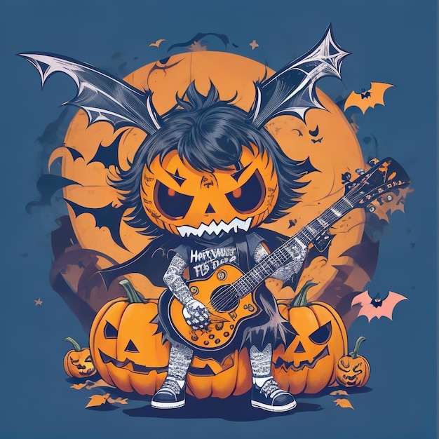 kawaii Halloween illustration of pumpkin and bats rockerstyle skeleton with a guitar