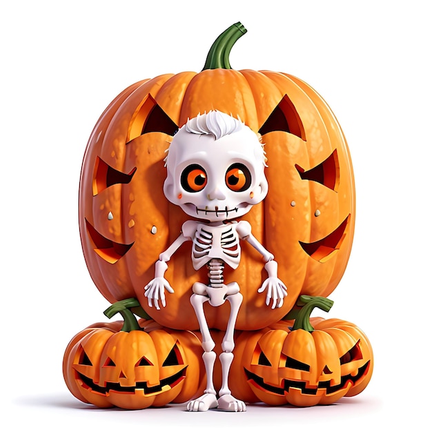 kawaii halloween pumpkin with skeleton generative AI