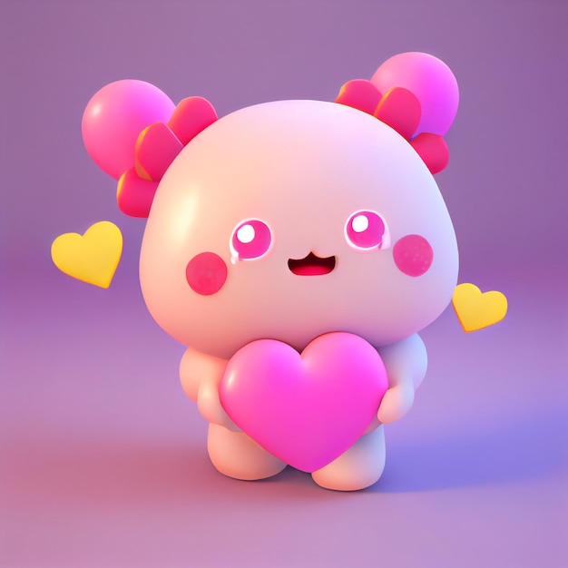 Kawaii heart character chibi pink heart love valentine 3d render wallpaper background