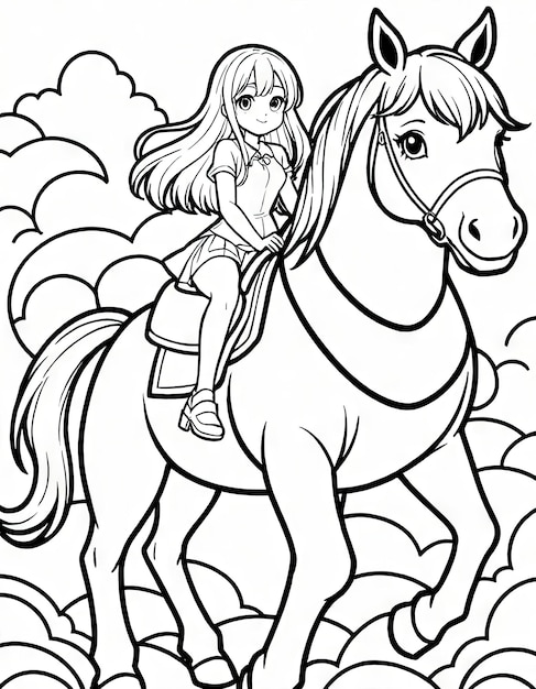 Foto kawaii horseback ride pagina da colorare con ai con una ragazzina e un cavallo grande