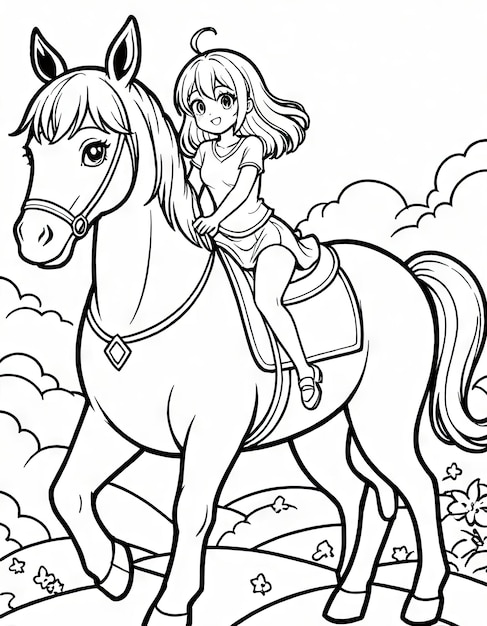 Kawaii Horseback Ride Kleurenpagina van AI met klein meisje en groot paard