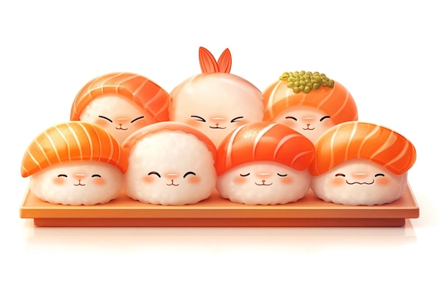 Kawaii illustration of sushi with eyes in pastel colors