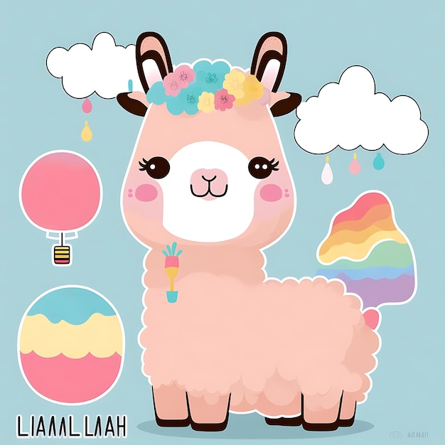 Photo kawaii llama digital art style colorful