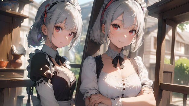 Kawaii maid girl silver hair anime art for wallpaper