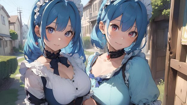 Kawaii maid girl skyblue hair anime art for wallpaper