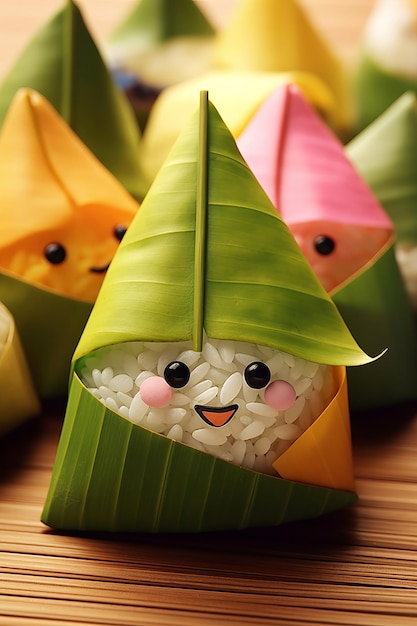 Kawaii rice dumplings with banana leaf and smiling face