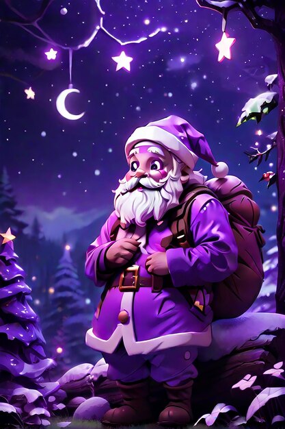 A kawaii santa beneath the starry christmas sky purple neon dreamy lighting