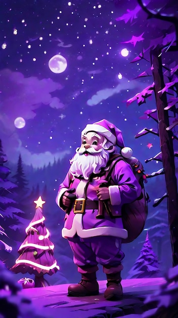 A kawaii santa beneath the starry christmas sky purple neon dreamy lighting