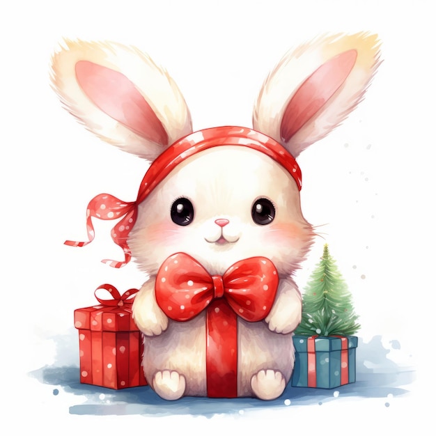 Kawaii schattig konijn Cartoon kerst op witte achtergrond water kleur stijl generatieve ai