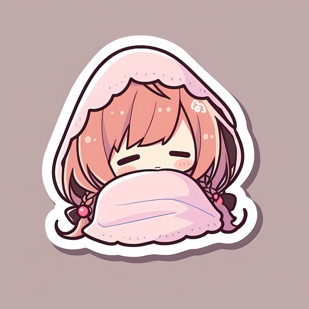 Kawaii Sleepy Blanket Girl Chibi Anime Vector Art Sticker with Clean Bold Line Cute Simple Digital