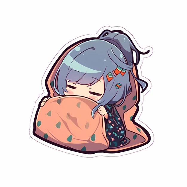 Kawaii Sleepy Blanket Girl Chibi Anime Vector Art Sticker with Clean Bold Line Cute Simple Digital