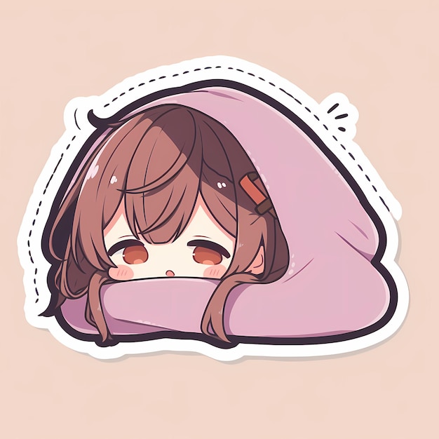 Kawaii Sleepy Blanket Girl Chibi Anime Vector Art Sticker with Clean Bold Line Cute Simple Digital