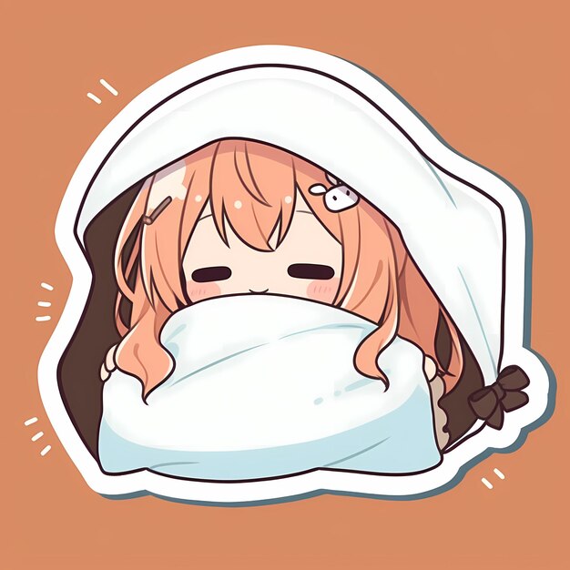 Kawaii Sleepy Blanket Girl Chibi Anime Vector Art Sticker with Clean Bold Line Cute Simple Digital