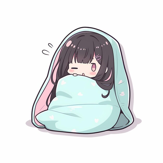 Kawaii Sleepy Blanket Girl Chibi Anime 벡터 아트 스티커 with Clean Bold Line Cute Simple Digital