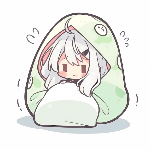 Kawaii Sleepy Blanket Girl Chibi Anime 벡터 아트 스티커 with Clean Bold Line Cute Simple Digital