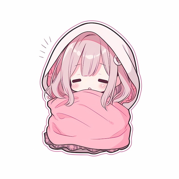 Kawaii Sleepy Blanket Girl Chibi Anime Vector Art Sticker with Clean Bold Line Cute Simple Digital