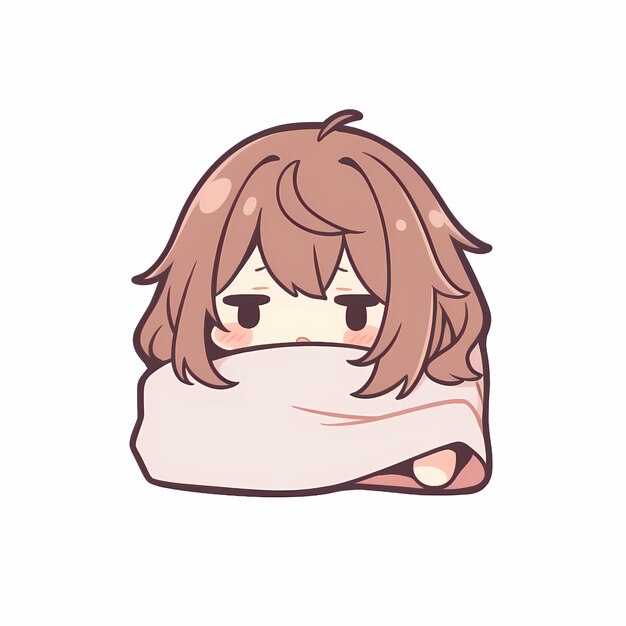 Kawaii Sleepy Blanket Girl Chibi Anime 벡터 아트 스티커 with Clean Bold Line Cute Simple Digital