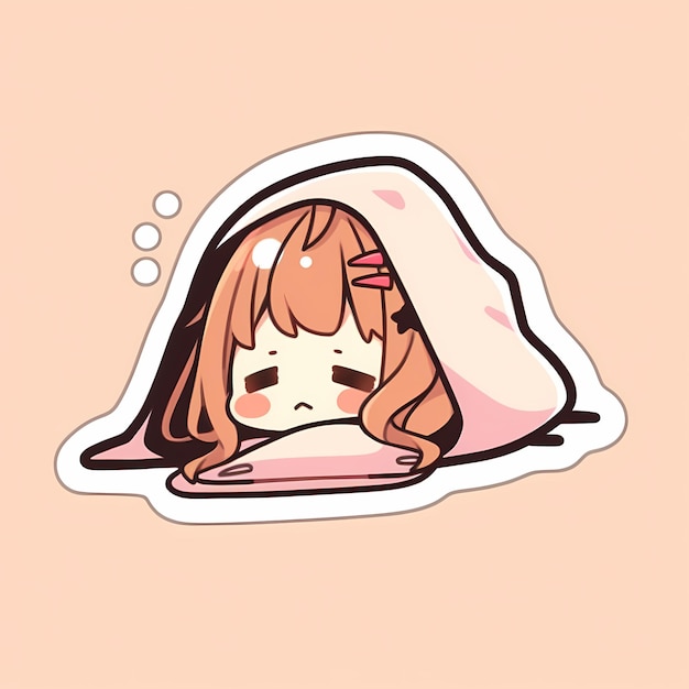 Kawaii Sleepy Blanket Girl Chibi Anime Vector Art Sticker with Clean Bold Line Cute Simple Digital