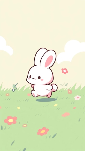 Photo kawaii style of bunny running in meadow cartoon animal mammal