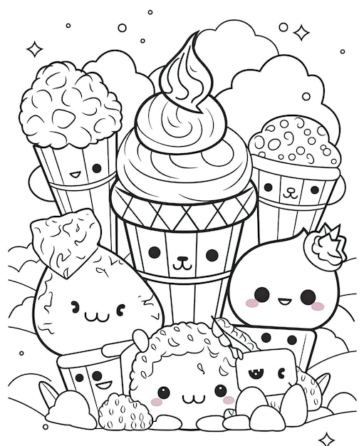 Kawaii style, coloring book page for kids, vector line art