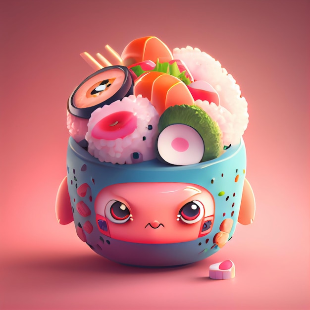 Kawaii sushi 3d character render Cute funny sushi illustration