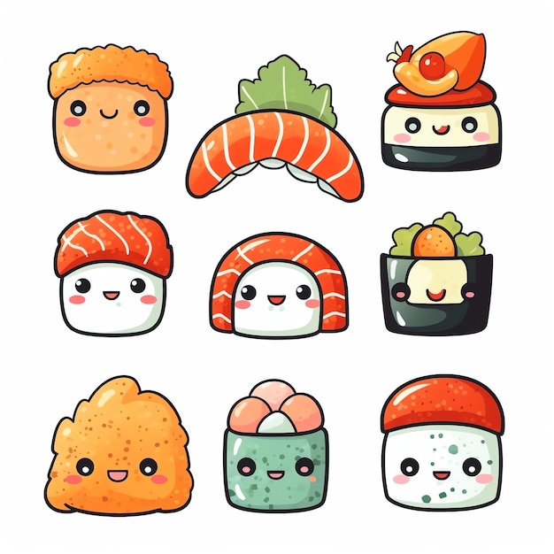 Kawaii Sushi Cartoon на белом фоне Игривый и аппетитный сплав японского и цифрового искусства