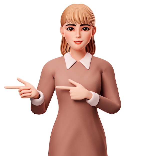 사진 양손 3d 캐릭터 렌더 일러스트레이션을 사용하여 왼쪽을 가리키는 카와이 여자 갈색 옷