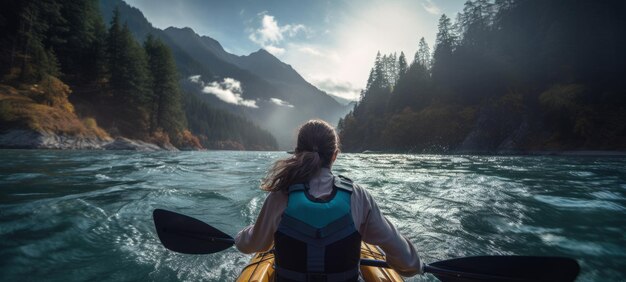 Kayak achteruitzicht van vrouw vrouwelijke kajakken en verkennen in een rivier toerist en reizen