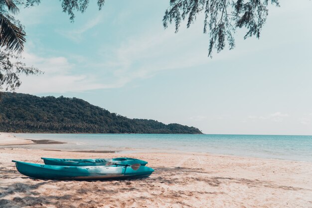 The kayak and canoe on the beach.