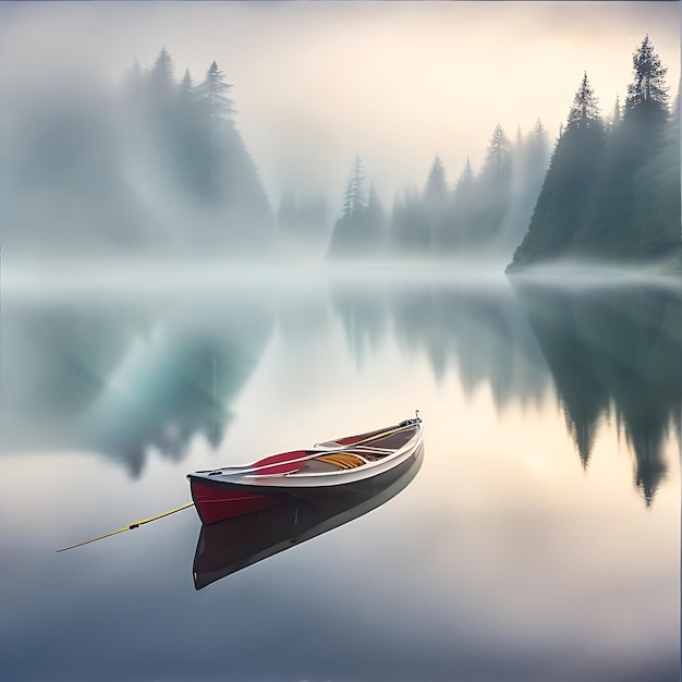 조용한 호수에서 안개를 통해 떠다니는 카야크는 외로움과 평화의 느낌을 생성합니다.