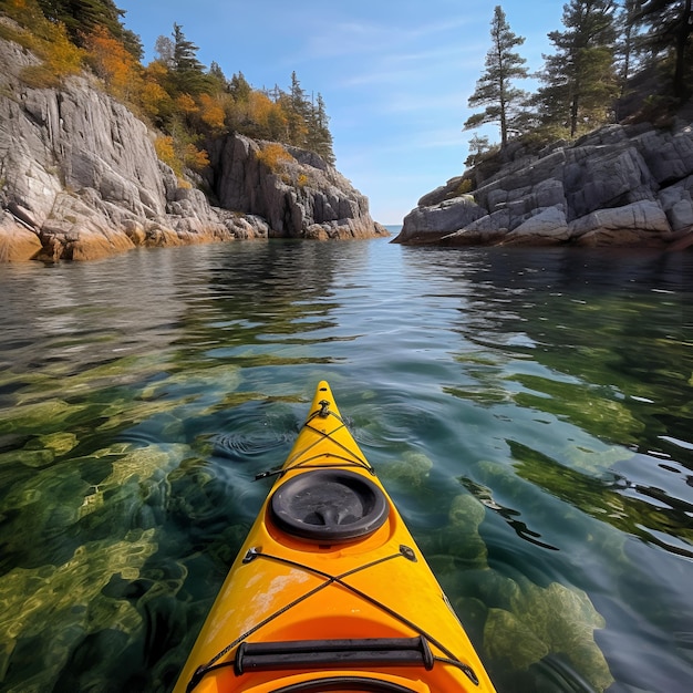 Kayak floats on a mountain river