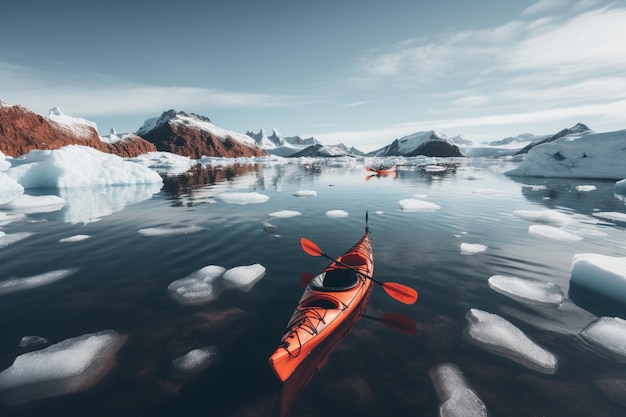 A kayak is floating on a lake with icebergs in the background.