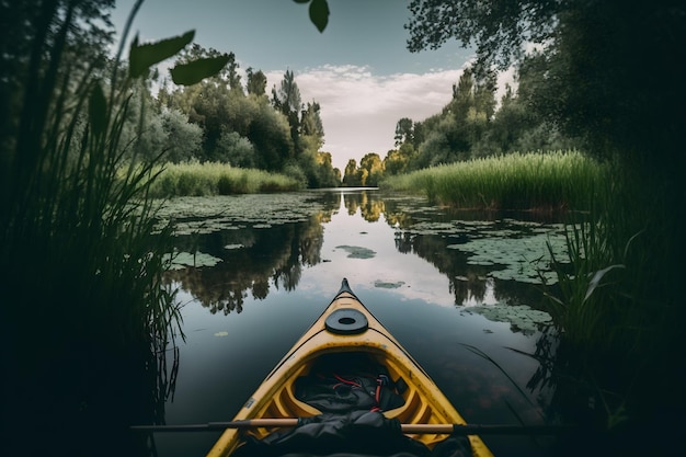 A kayak is shown on a river with a green forest in the background.