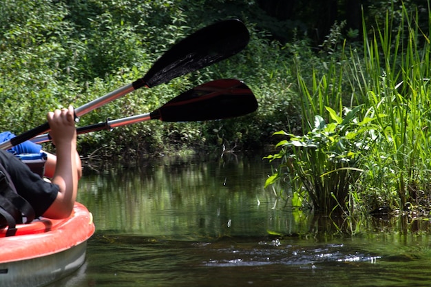 Kayak pedals in motion outdoor life and sportpeople kayaking together on river or lake