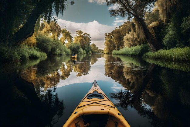 A kayak on a river with a tree in the background